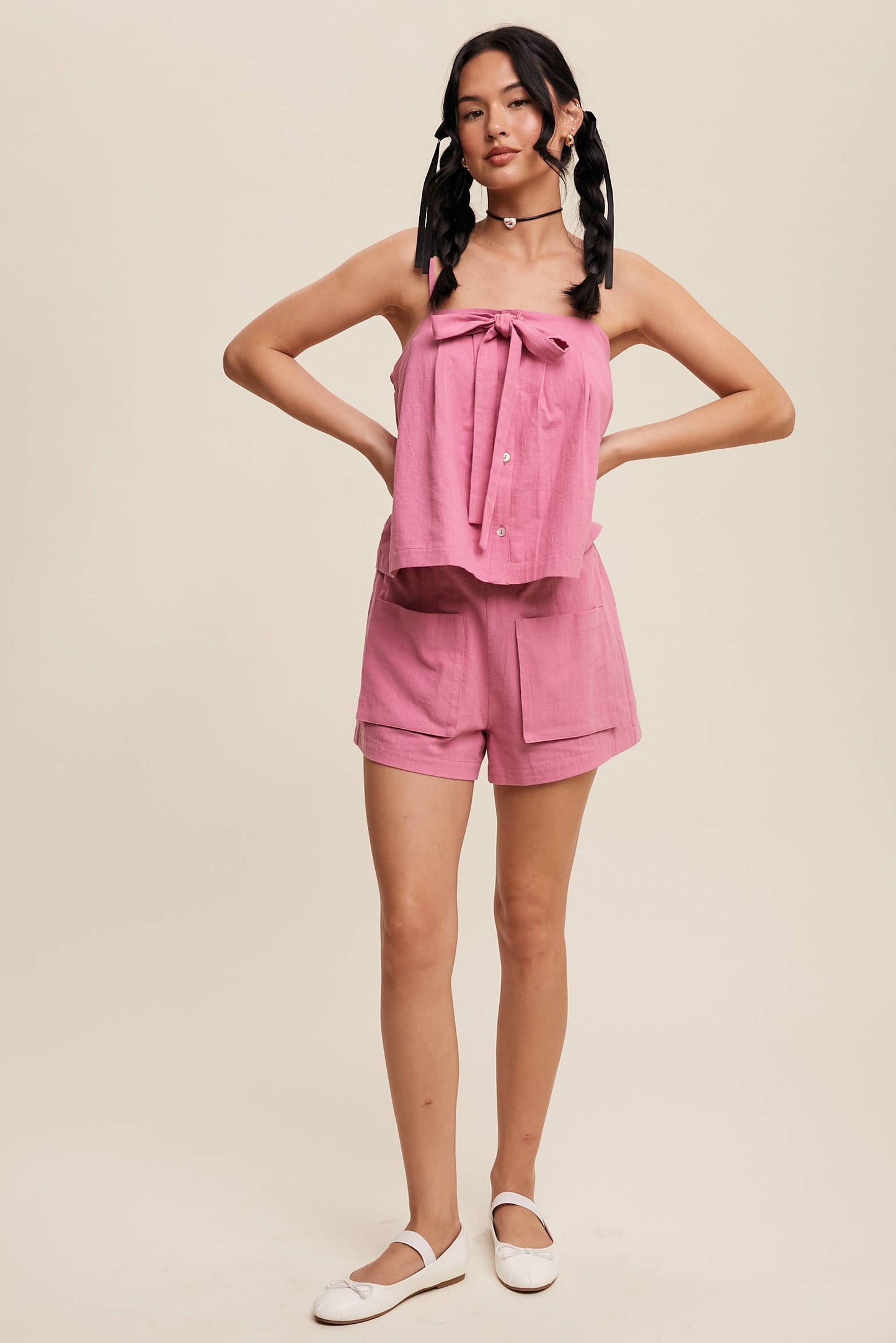 Bow-Tie Spaghetti Strap Top and Pocket Shorts Set