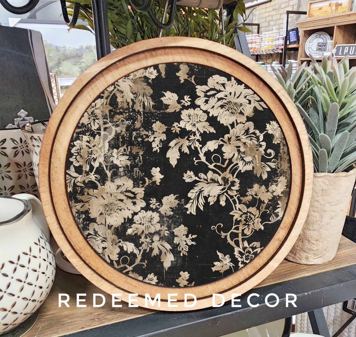 8" Round Black Floral Art