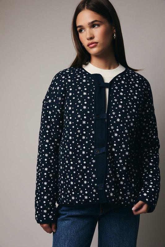 ROUND NECK LONG SLEEVE THERMAL PRINTED BUTTON DOWN JACKET