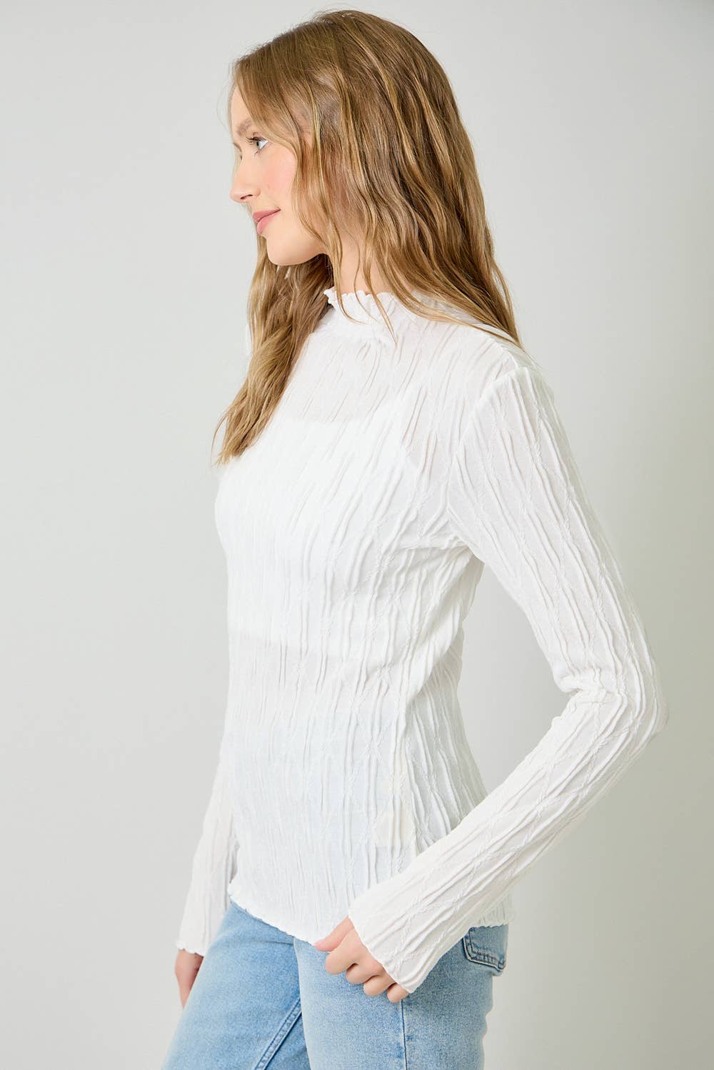 61147 Lettuce Edge Textured Knit Top