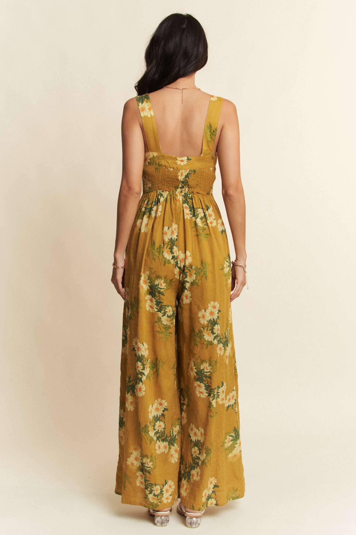 FLORAL RUFFLE SQUARE NECK SMOCKING BODICE JUMPSUIT