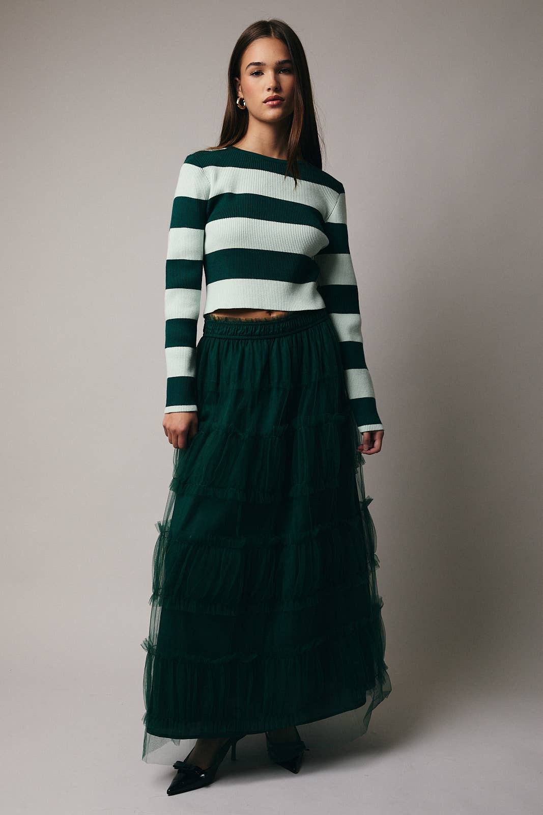 ROUND NECK LONG SLEEVE STRIPE RIBBED TOP