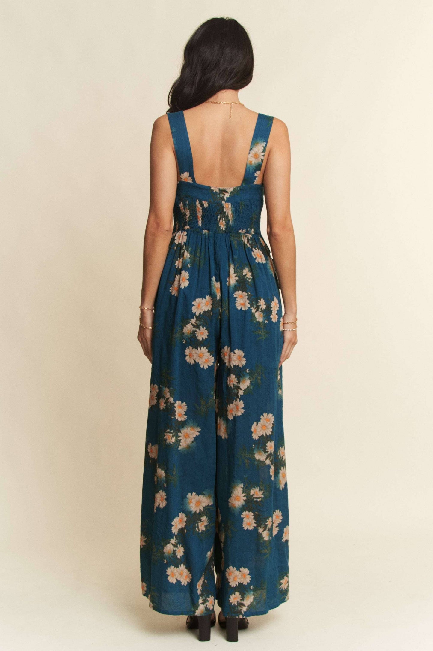 FLORAL RUFFLE SQUARE NECK SMOCKING BODICE JUMPSUIT