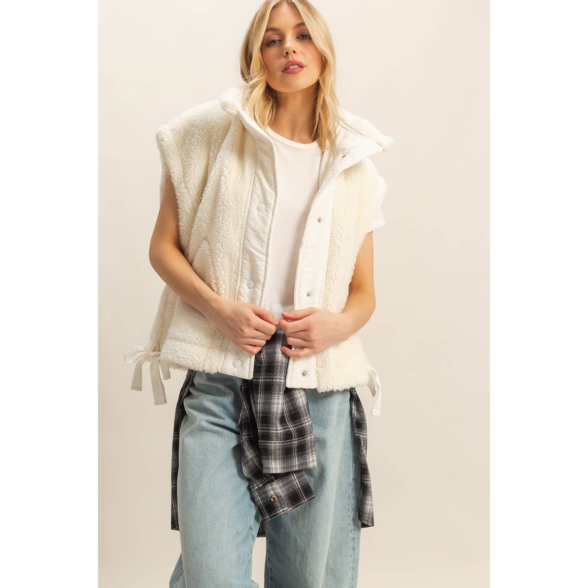 Cozy Sherpa Vest Jacket with Tie-Up Side Details