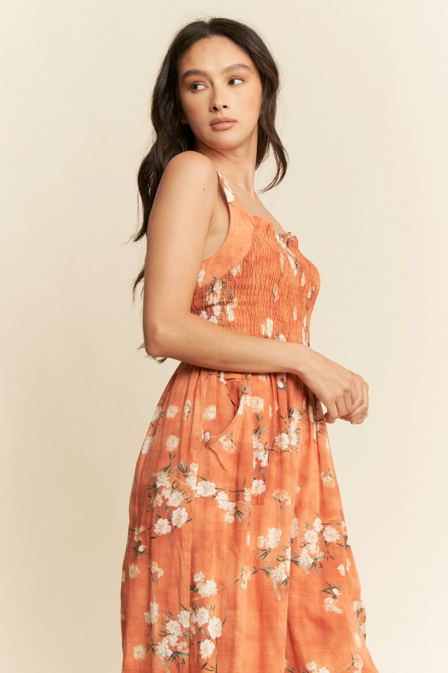 FLORAL RUFFLE SQUARE NECK SMOCKING BODICE JUMPSUIT