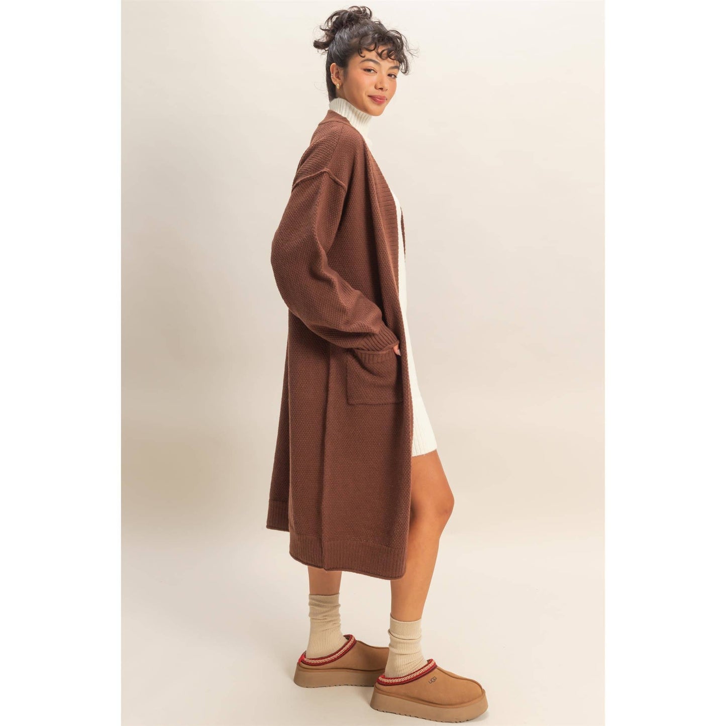 Oversized Textured Open Front Long Cardigan Sweater