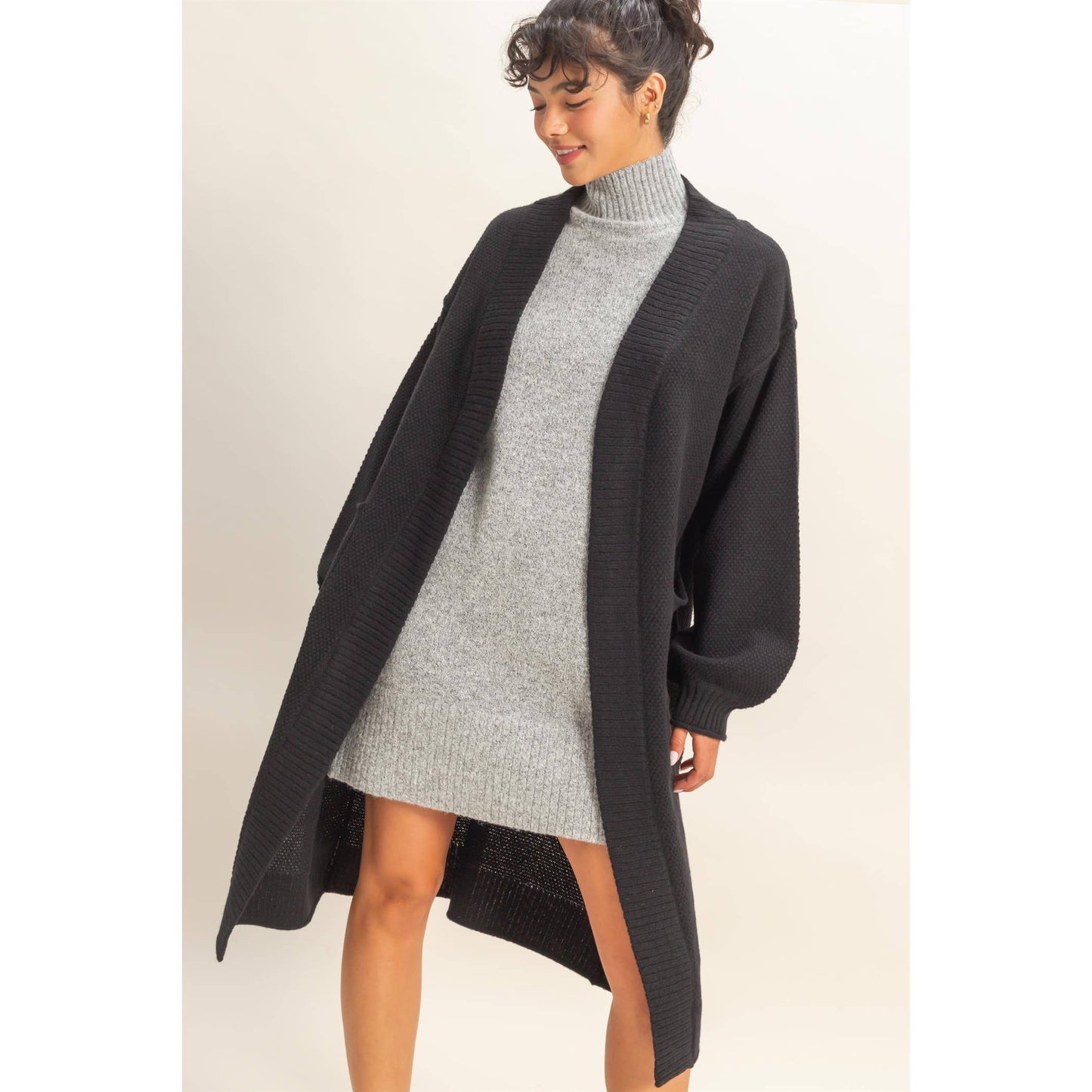 Oversized Textured Open Front Long Cardigan Sweater