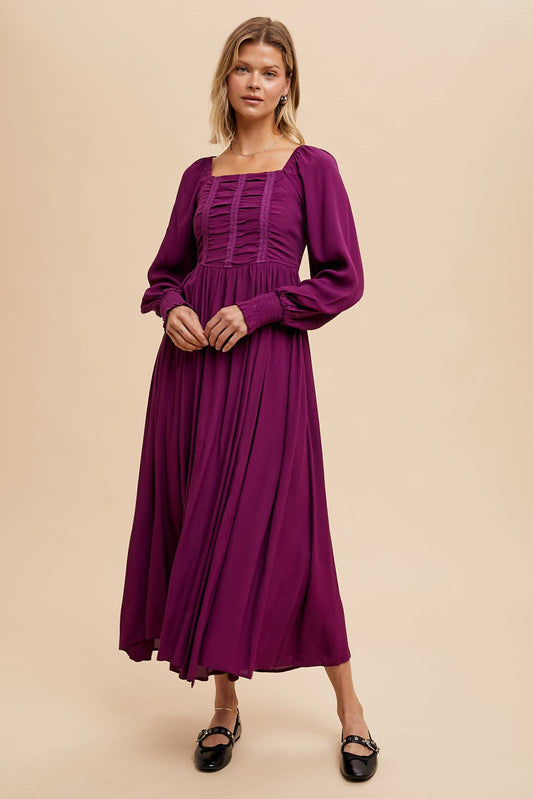 RUCHED BODICE SQUARE NECK MAXI DRESS