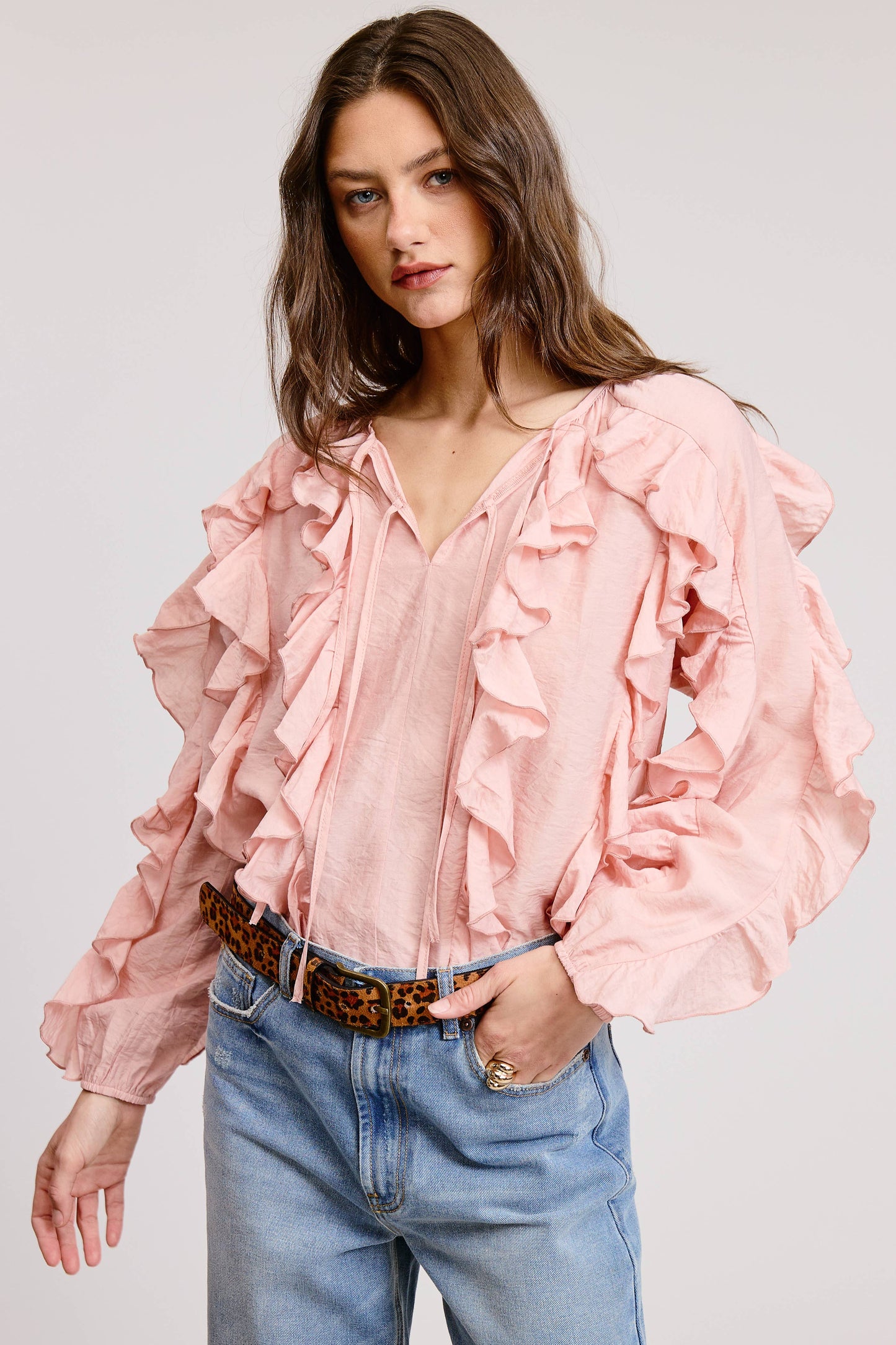 Ruffled Tie Front Boho Long Sleeve Blouse