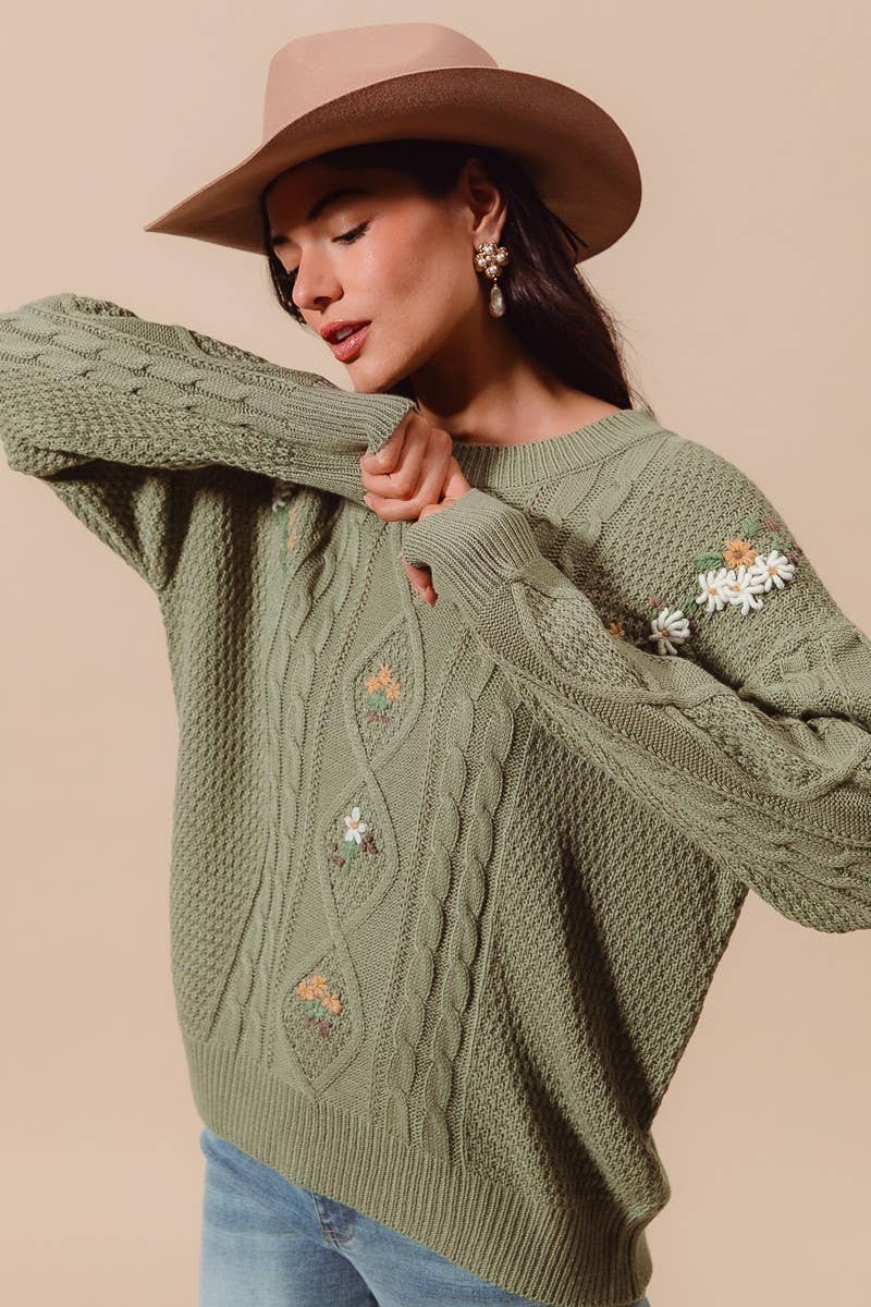 Embroidered Flower Cable Knitted Sweater Top