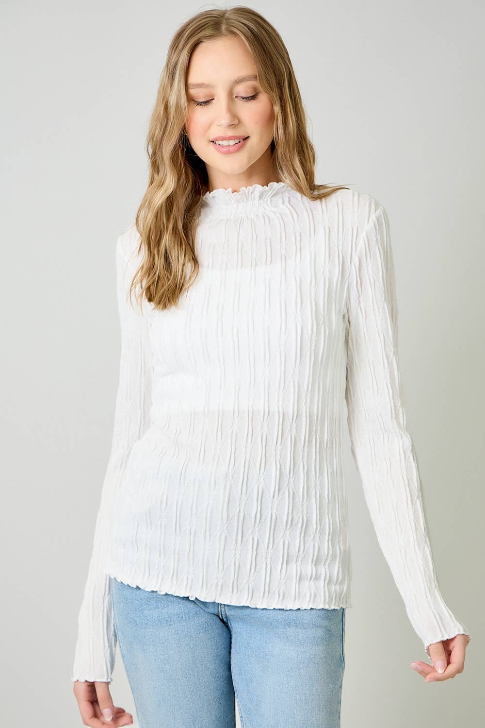 61147 Lettuce Edge Textured Knit Top