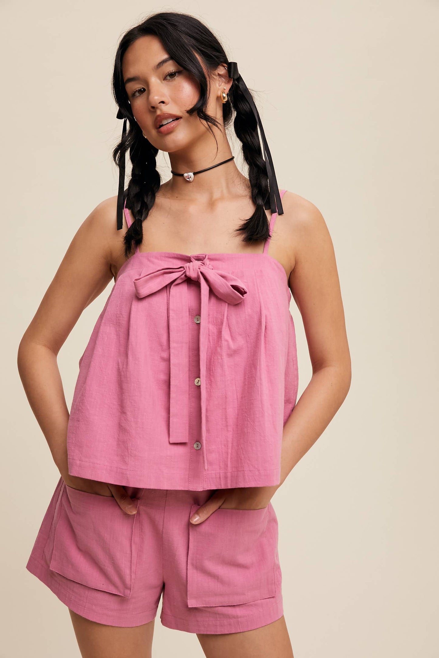 Bow-Tie Spaghetti Strap Top and Pocket Shorts Set
