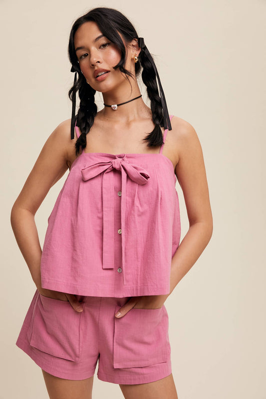 Bow-Tie Spaghetti Strap Top and Pocket Shorts Set