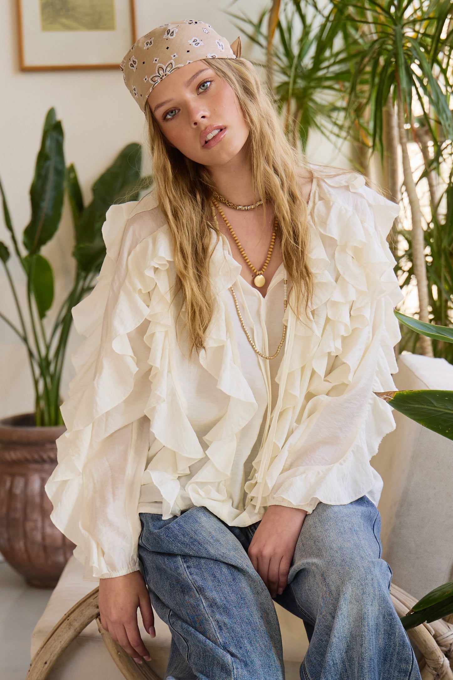 Ruffled Tie Front Boho Long Sleeve Blouse