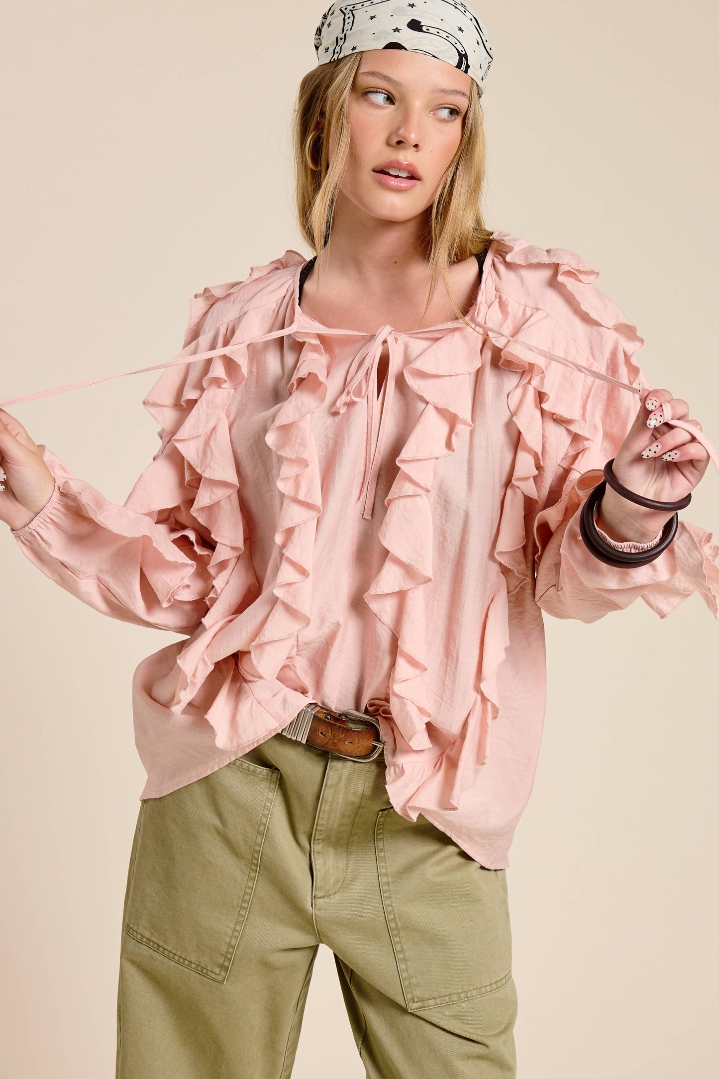 Ruffled Tie Front Boho Long Sleeve Blouse