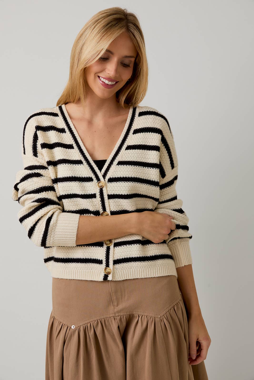 V-NECK LONG SLEEVE BUTTON UP STRIPE SWEATER CARDIGAN