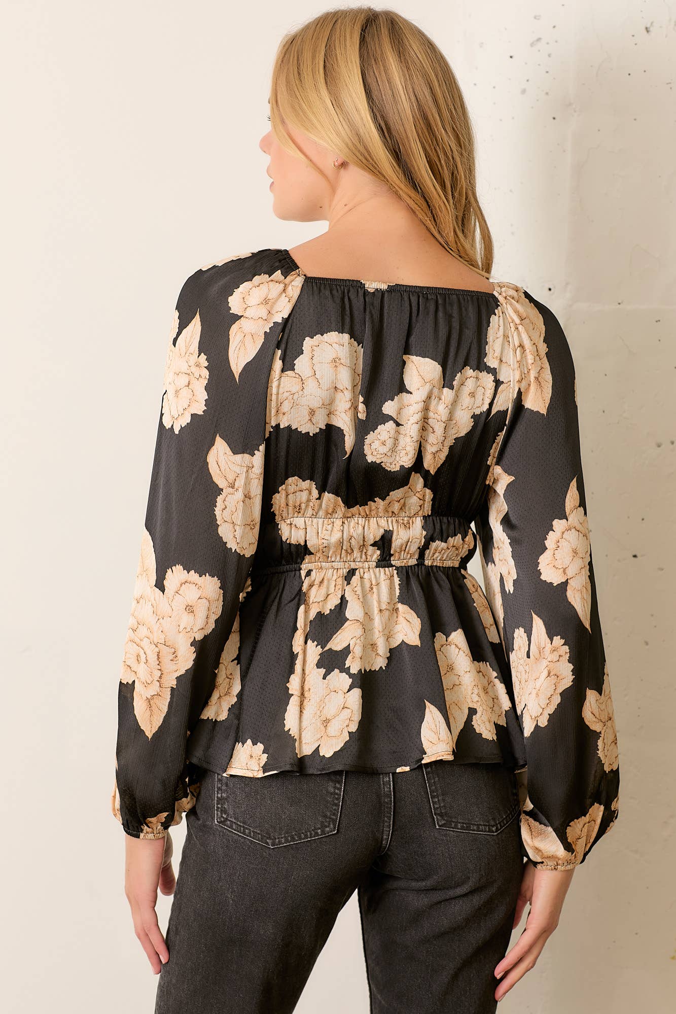 Smocked Floral Top in Ebony