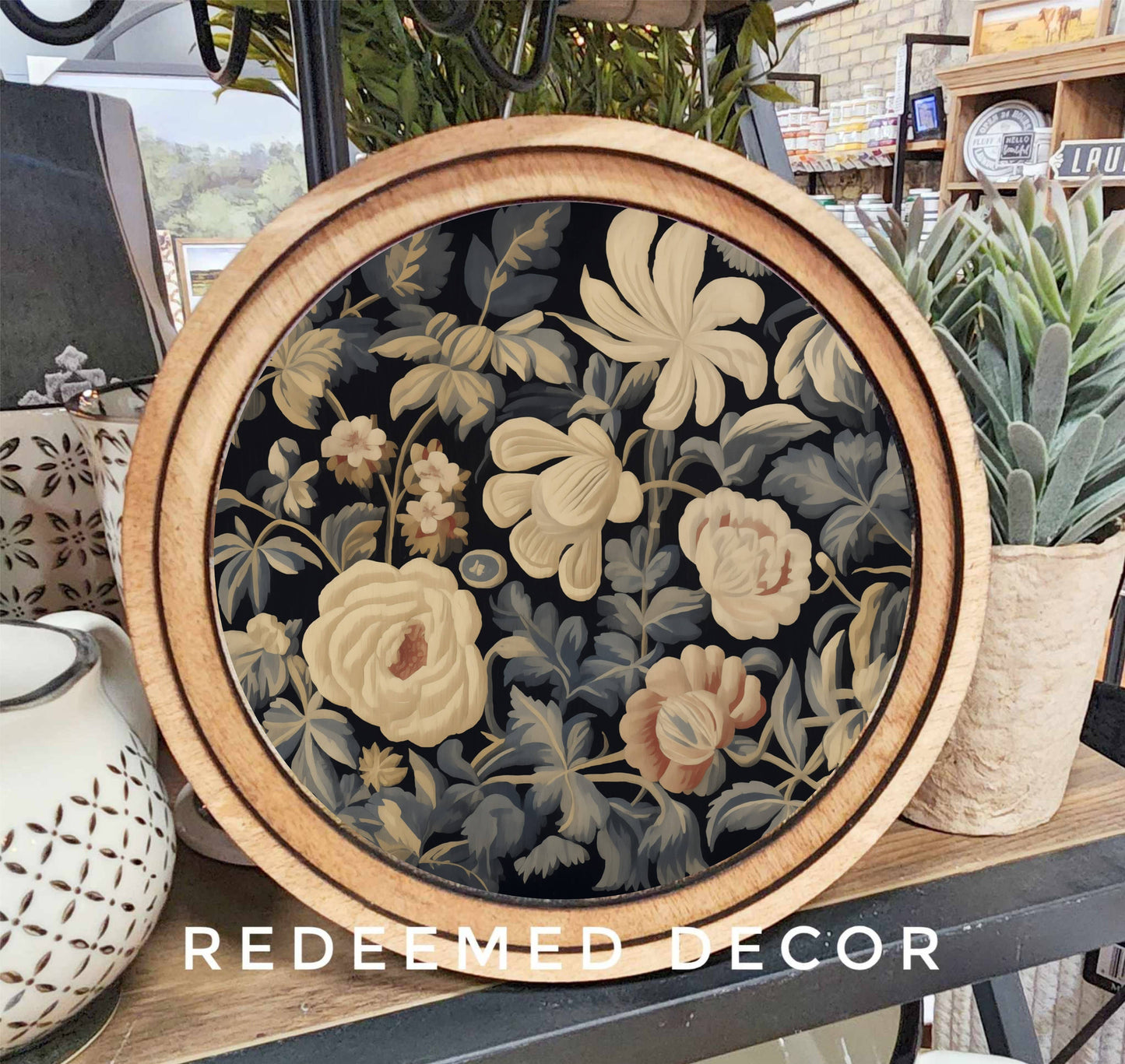 8" Round Dark Floral Tapestry Art