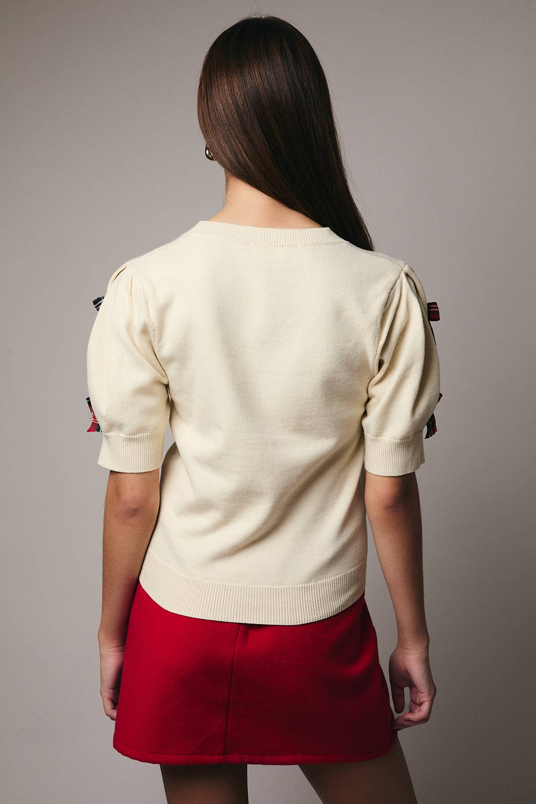 ROUND NECK SHORT SLEEVE BOW TRIM DETAIL SWEATER