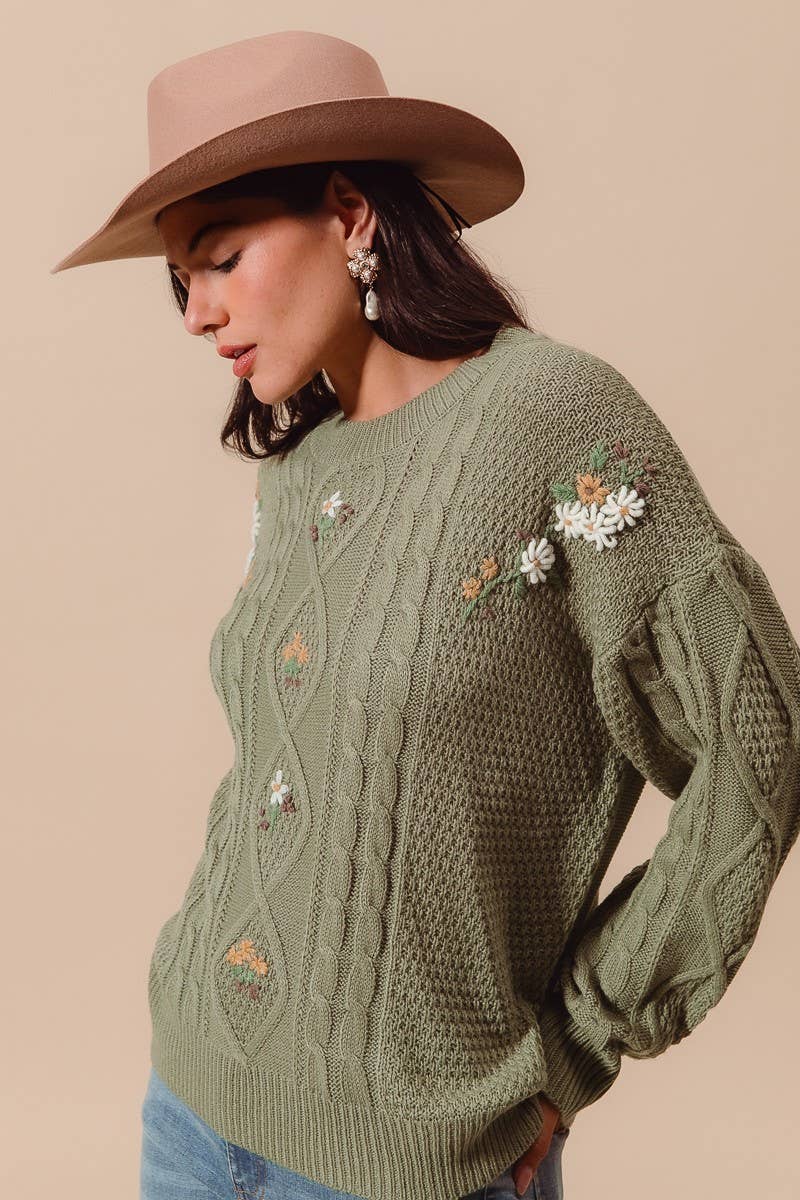 Embroidered Flower Cable Knitted Sweater Top