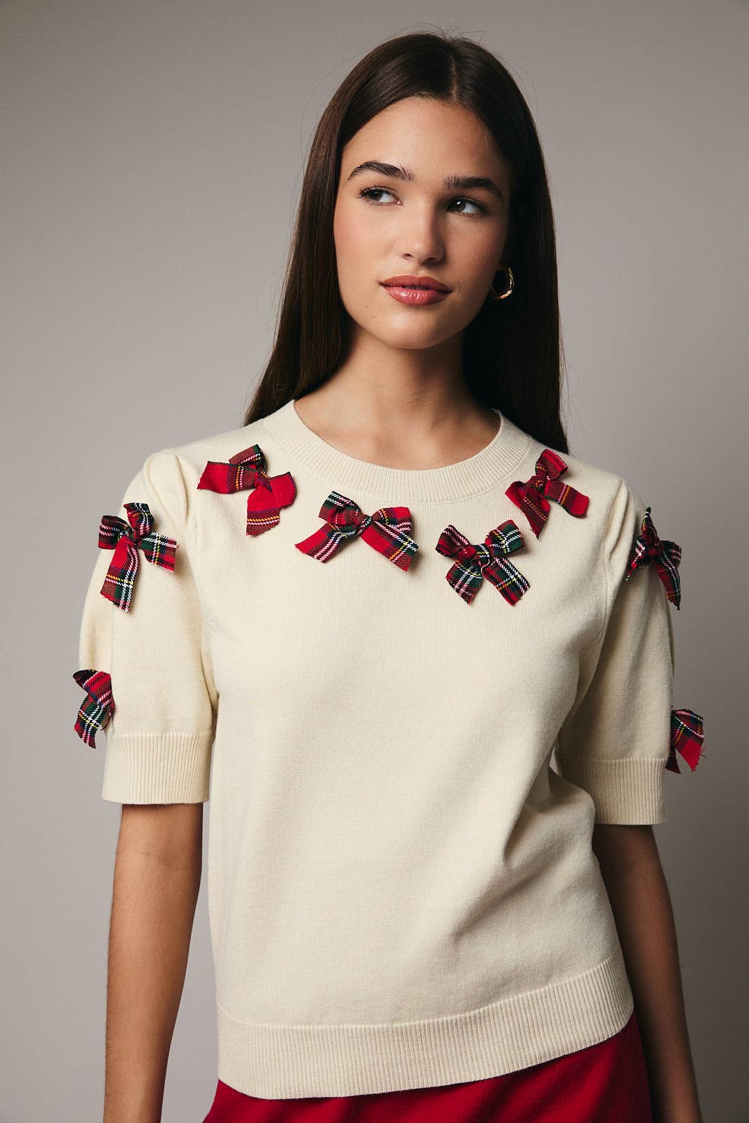 ROUND NECK SHORT SLEEVE BOW TRIM DETAIL SWEATER
