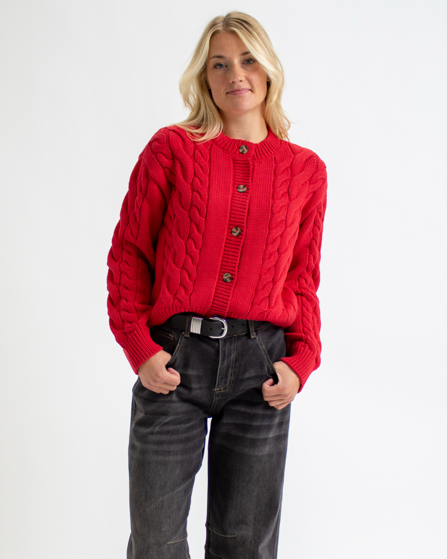 Schmancy Cable Knit Red Button Down Sweater Cardigan