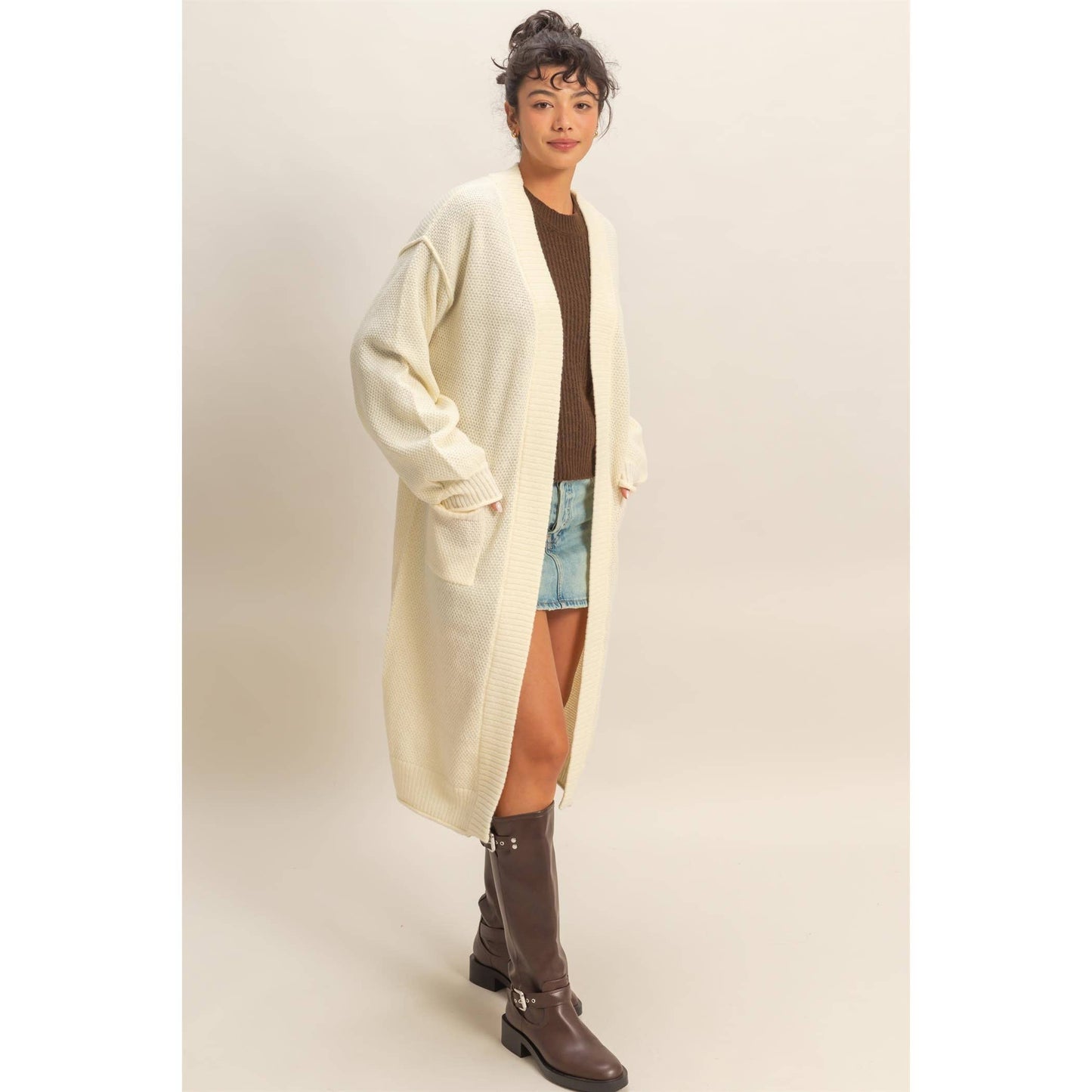 Oversized Textured Open Front Long Cardigan Sweater