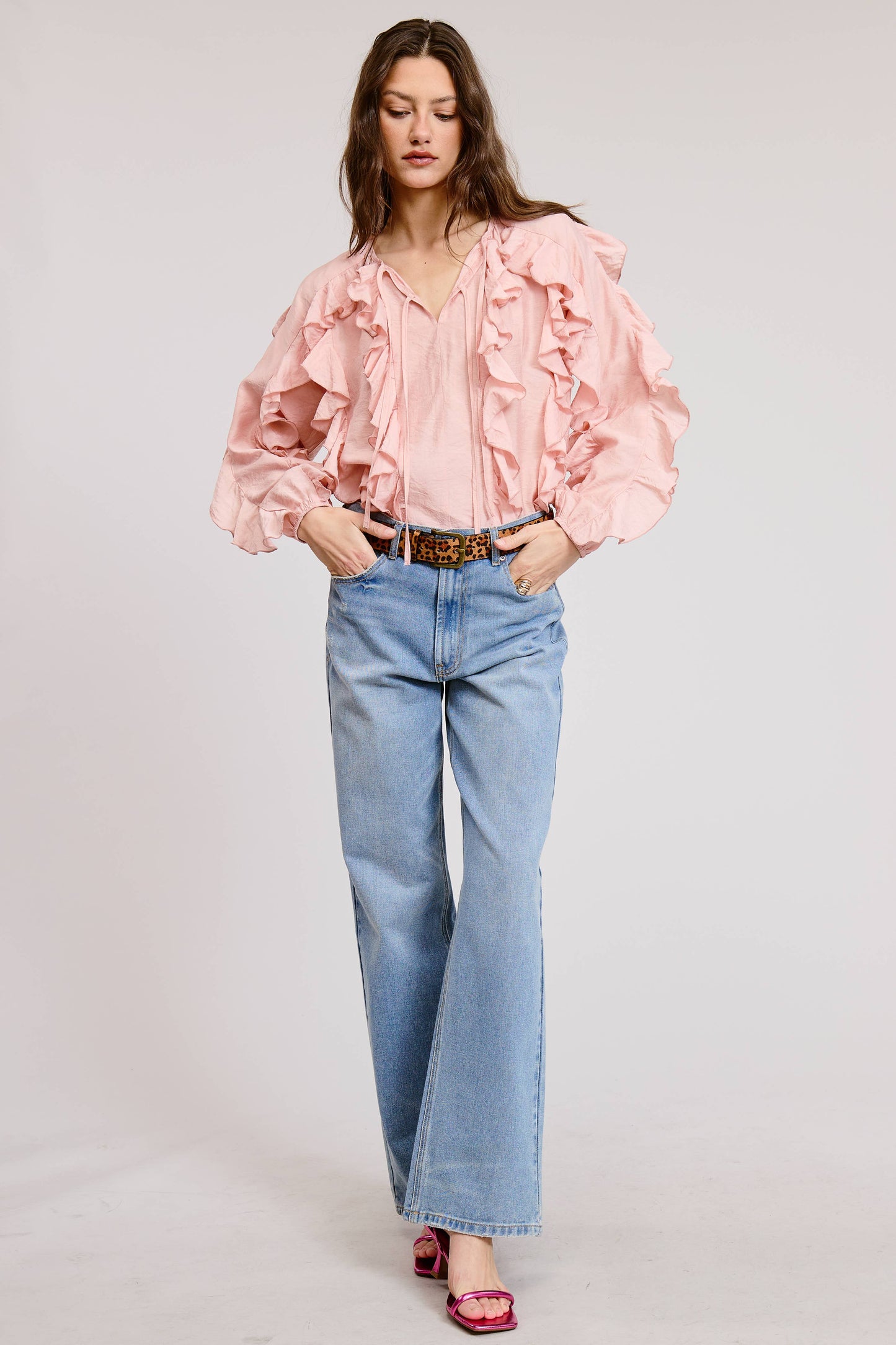 Ruffled Tie Front Boho Long Sleeve Blouse