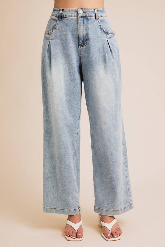 Pleated Wide Leg Denim