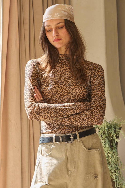 Animal Printed Mesh Long Sleeve Top