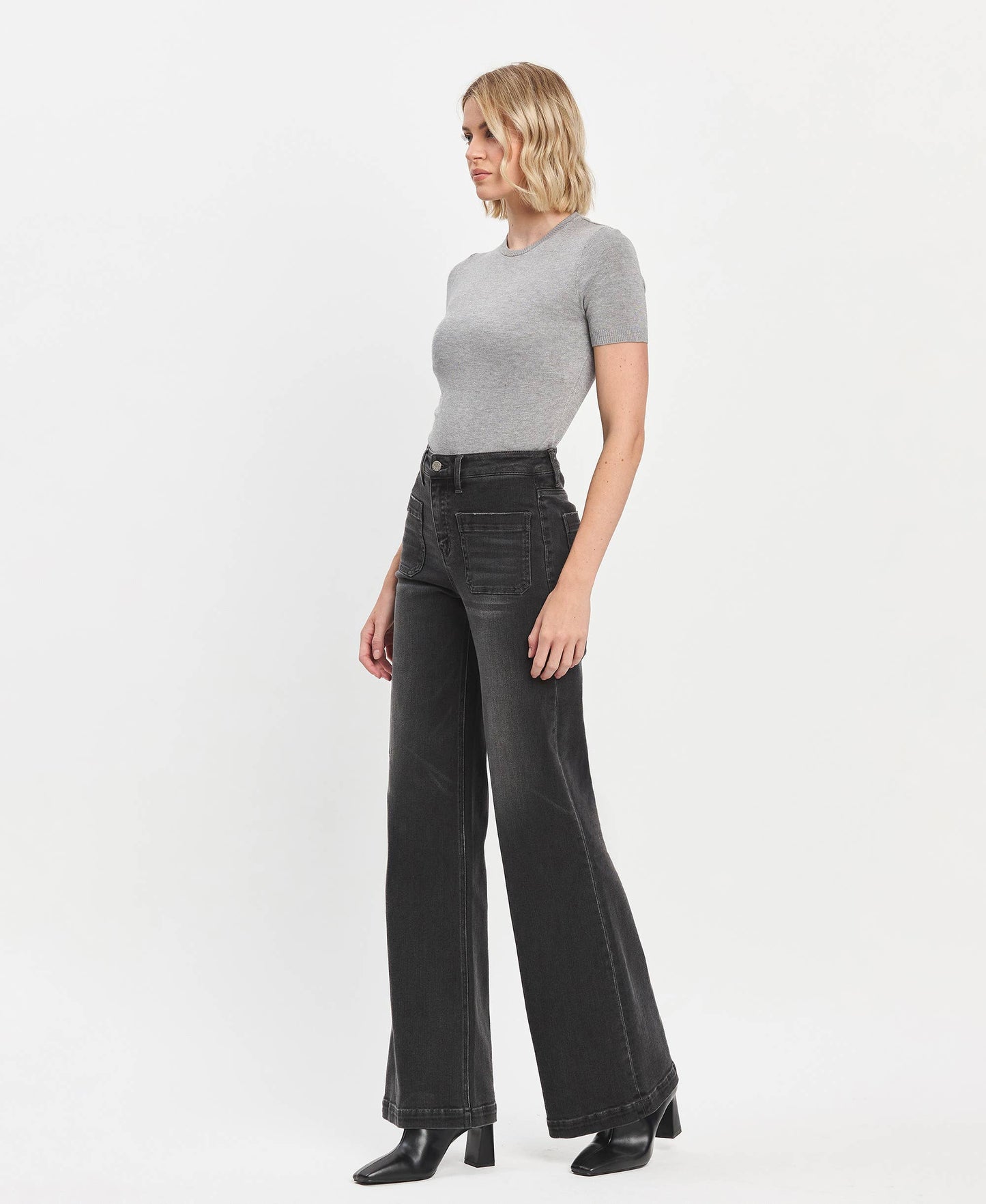HIGH RISE PATCH POCKET BLACK WIDE TROUSER JEANS T6569