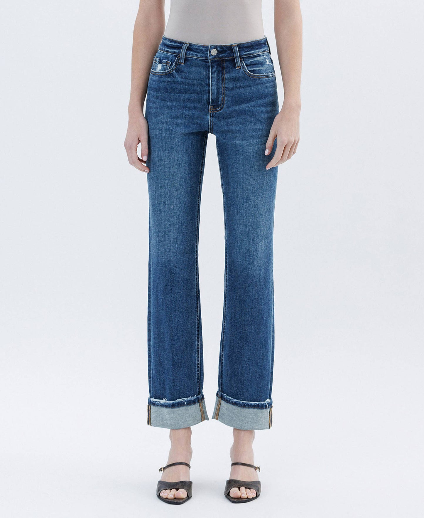 HIGH RISE CUFFED STRAIGHT JEANS