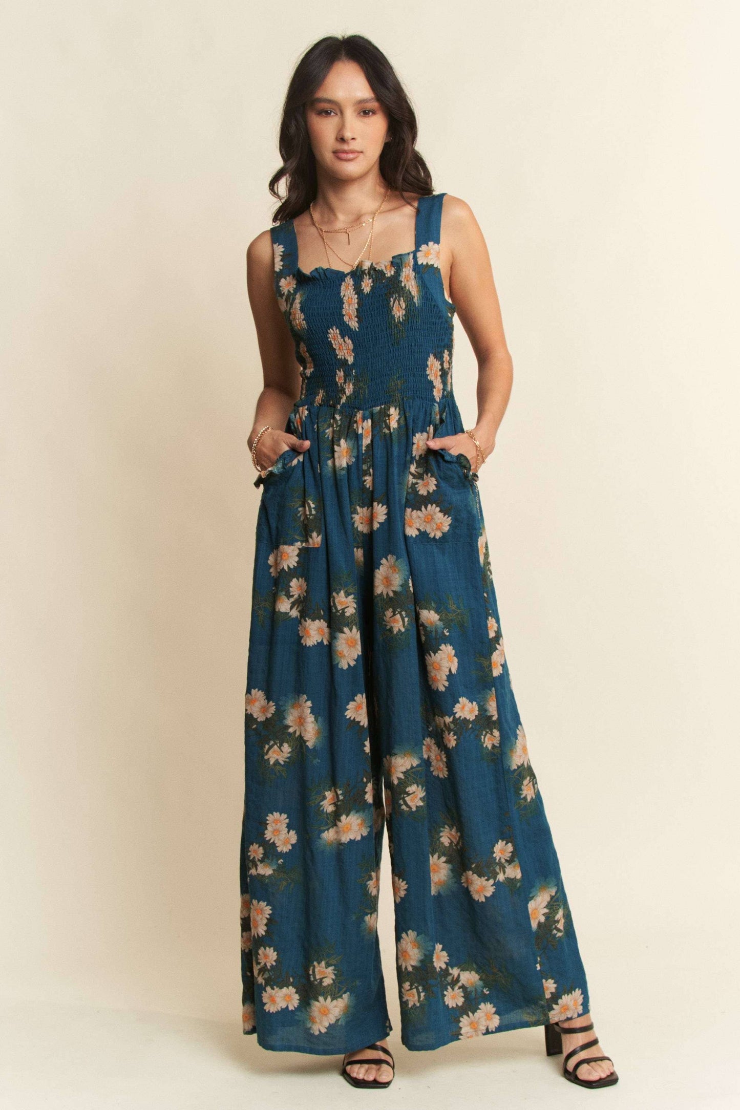 FLORAL RUFFLE SQUARE NECK SMOCKING BODICE JUMPSUIT