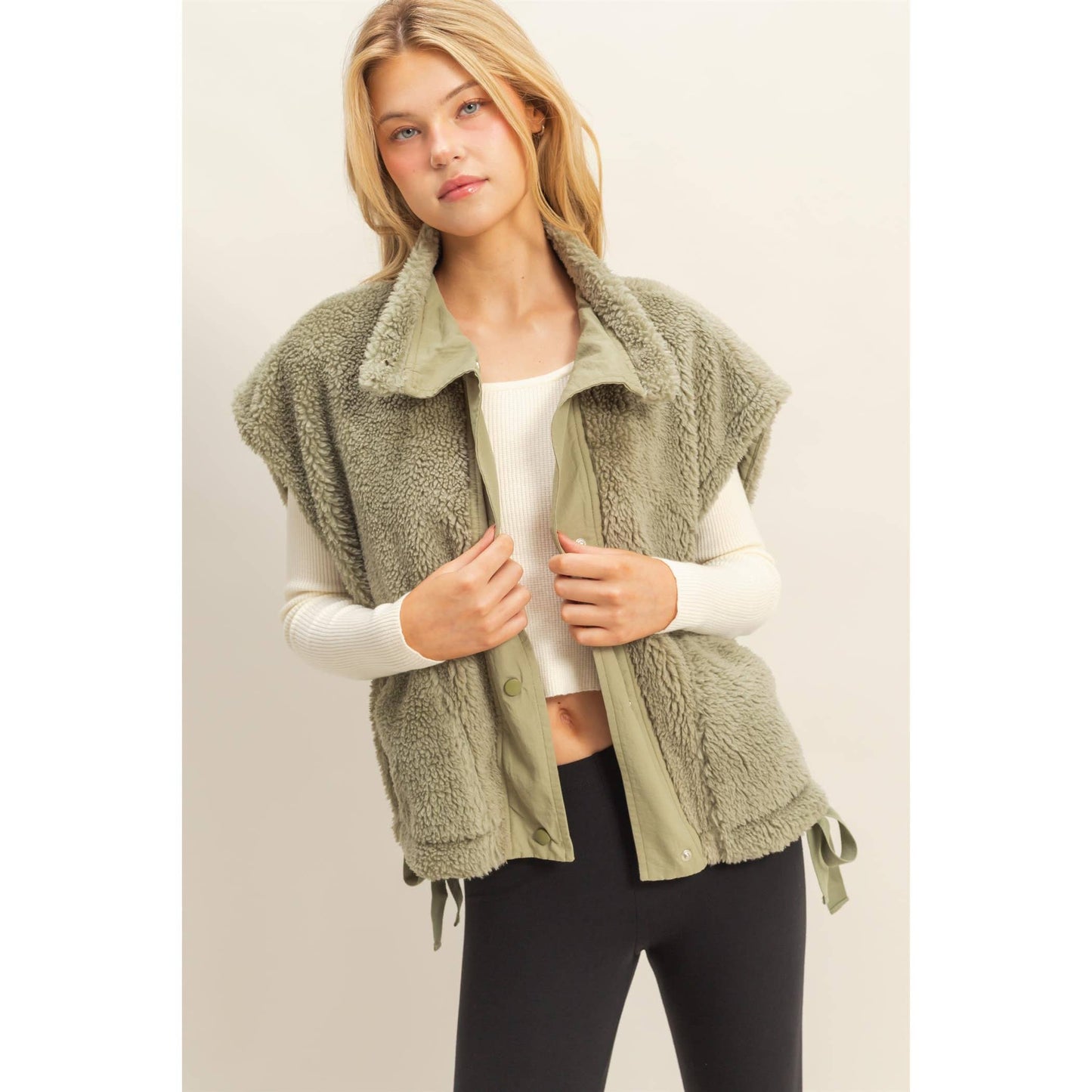 Cozy Sherpa Vest Jacket with Tie-Up Side Details