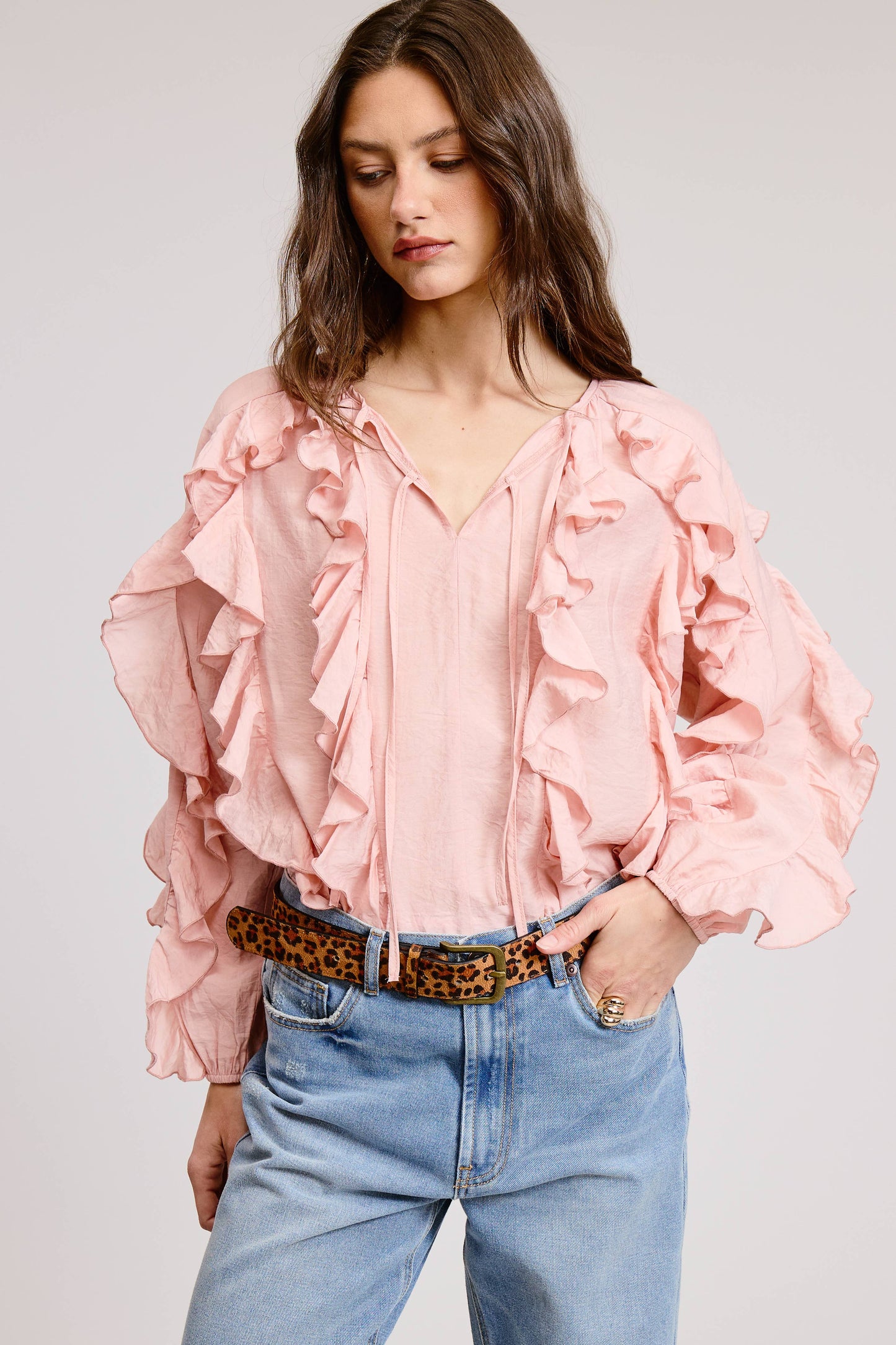 Ruffled Tie Front Boho Long Sleeve Blouse