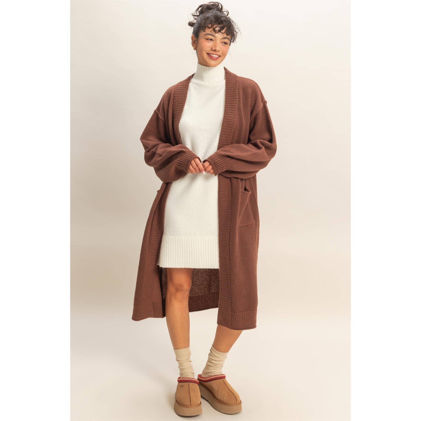 Oversized Textured Open Front Long Cardigan Sweater