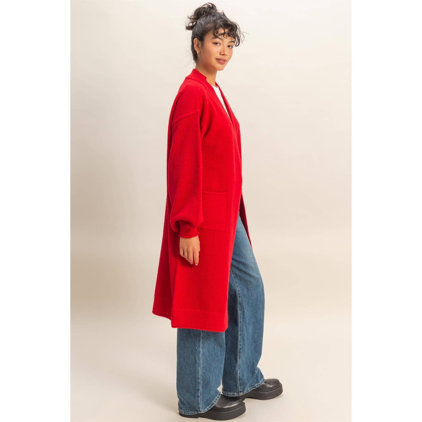 Oversized Textured Open Front Long Cardigan Sweater