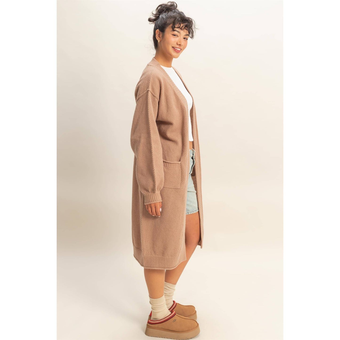 Oversized Textured Open Front Long Cardigan Sweater