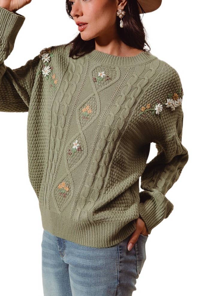 Embroidered Flower Cable Knitted Sweater Top
