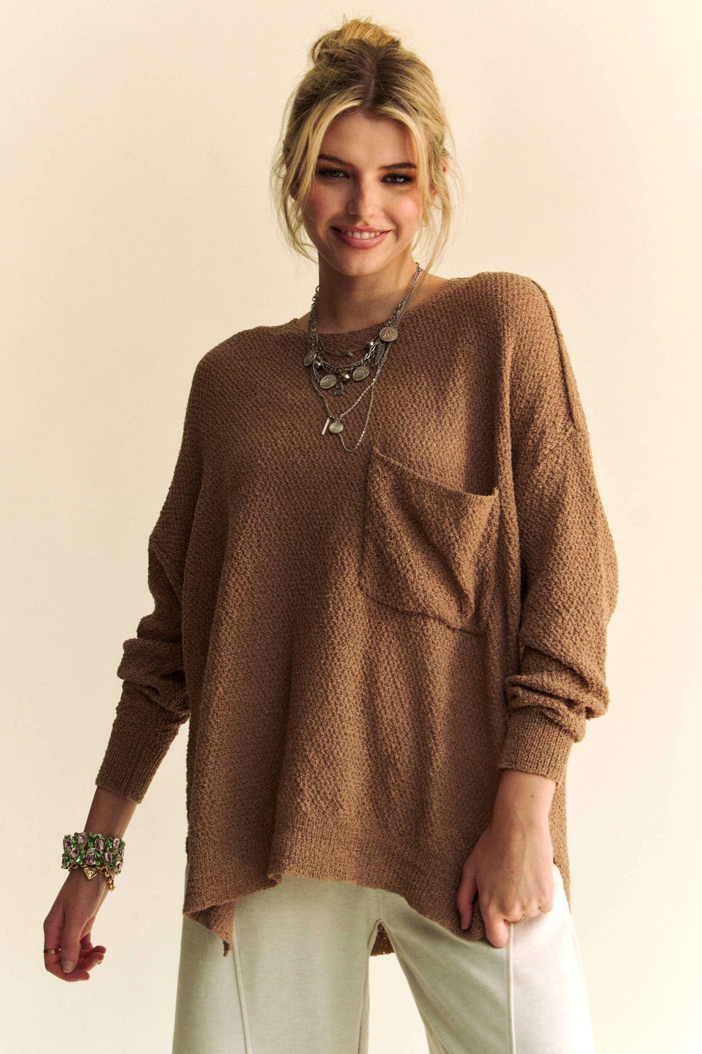 TEXTURED YARN DETAIL RELAXED FIT EASY SWEATER TOP