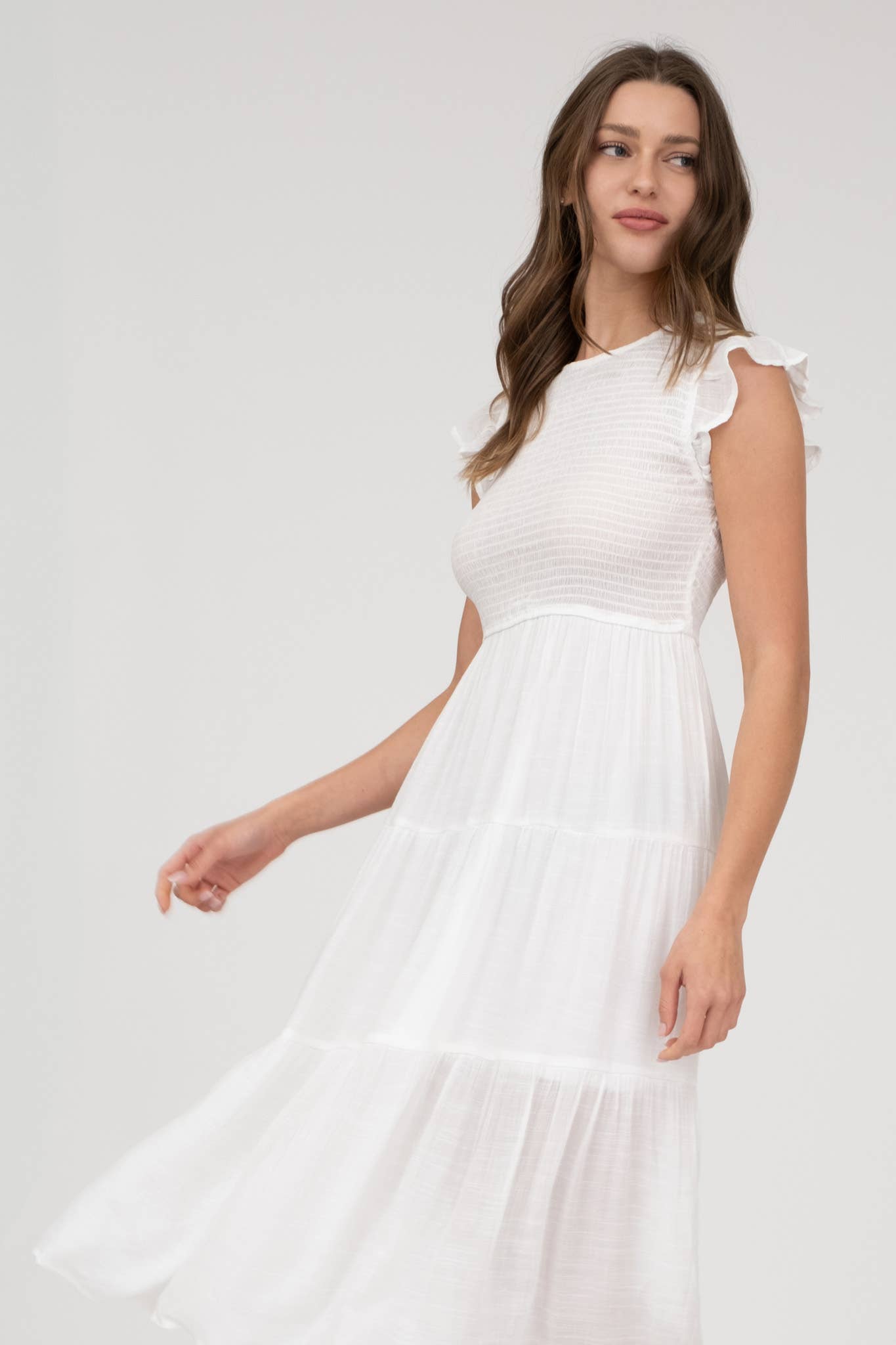 SMOCKED TIERED MIDI DRESS